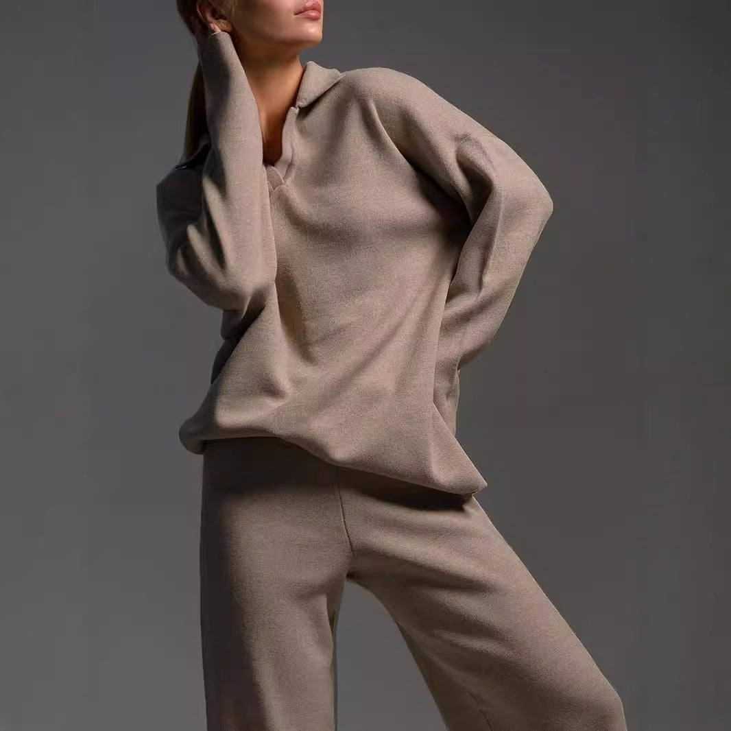 Solid Color Polo Collar Knitted Straight Wide Leg Sweaters