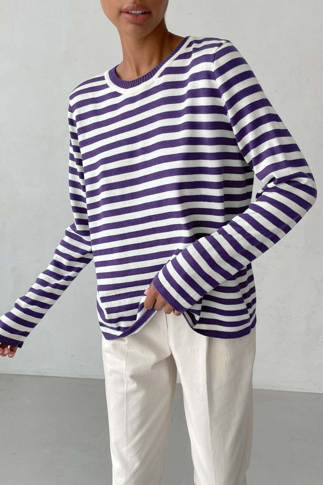 Women's Round Neck Knitted Striped Spring Versatile Sweaters