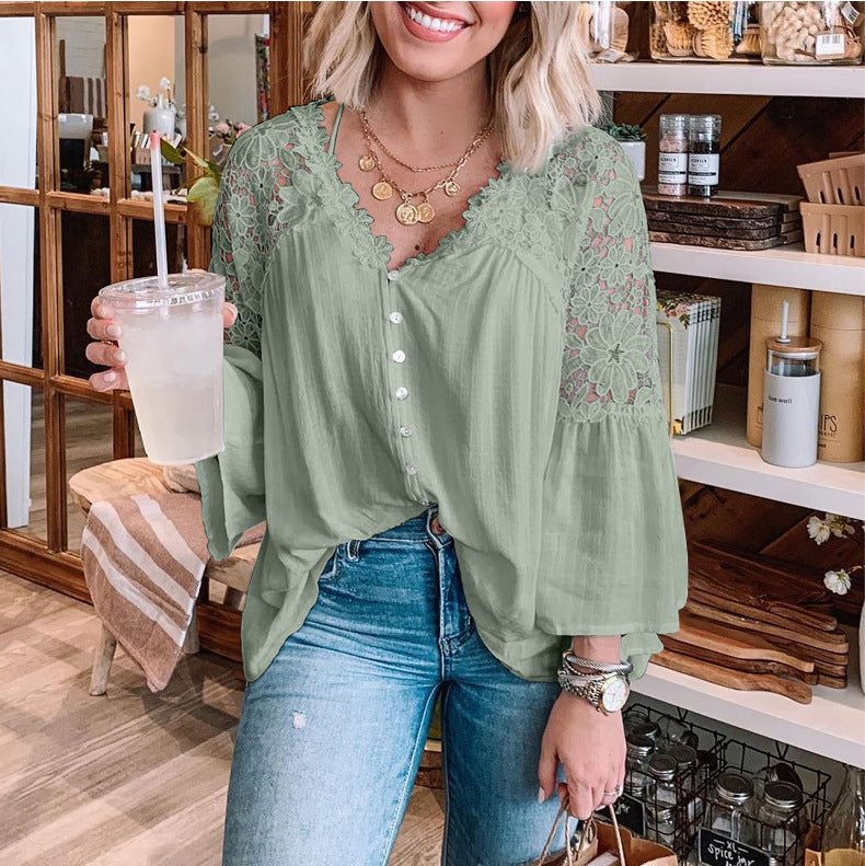 Women's Lace Shirt Solid Color V Sexy Blouses
