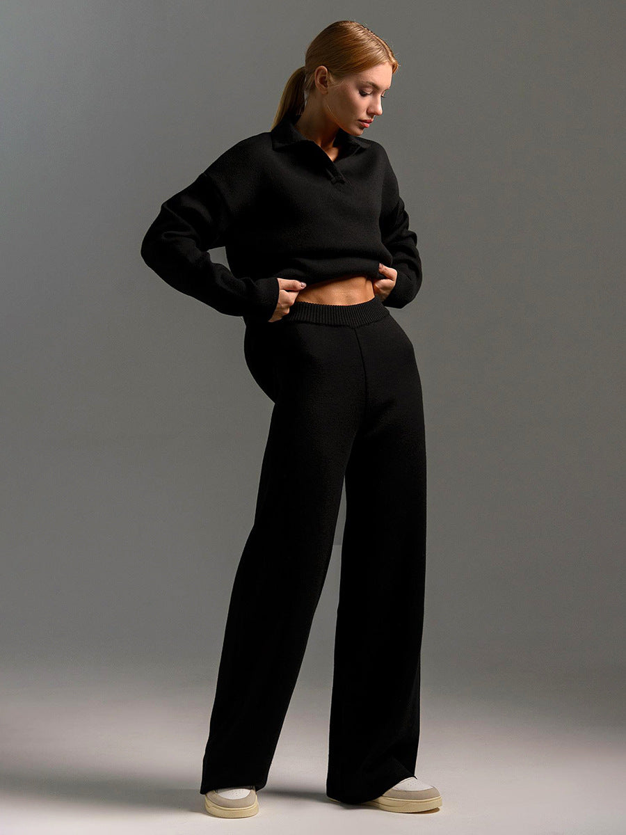 Solid Color Polo Collar Knitted Straight Wide Leg Sweaters