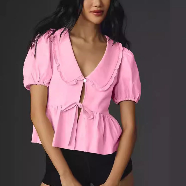 Solid Color Sleeve Lace Up Peter Pan Blouses