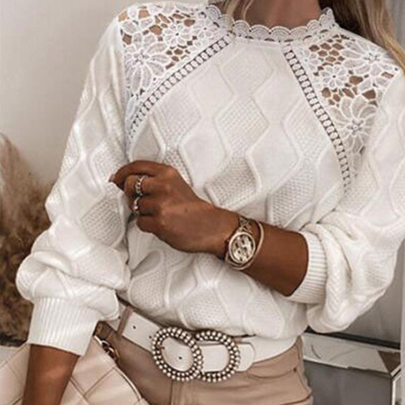 Women's Lace Shoulder Elegant Slim Knitted Pullover Knitwear