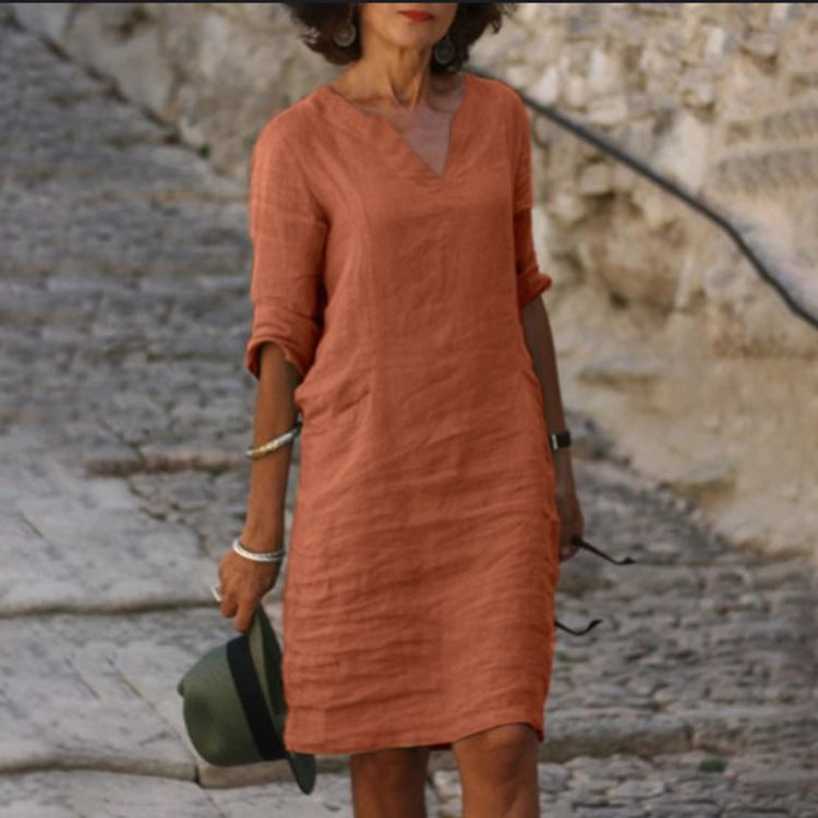Women's Cotton Linen Solid Color Slim Fit Dresses