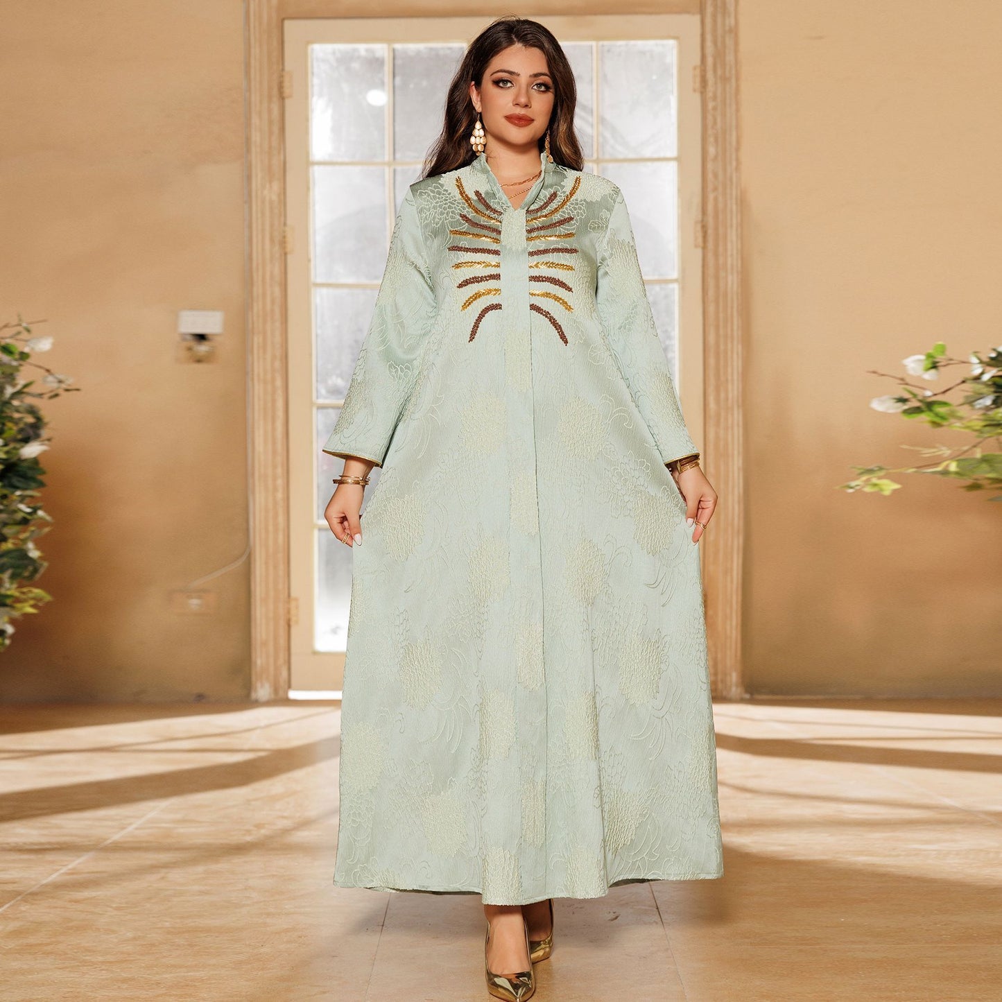 Women's Muslim Robe Dress Jacquard Beaded Clothing