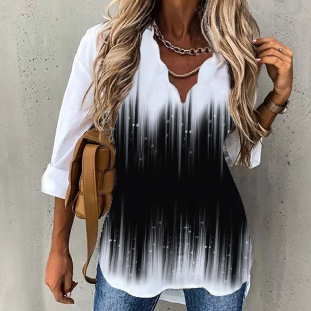 Women's Summer Temperament Wave Collar Shirt Printed Blouses