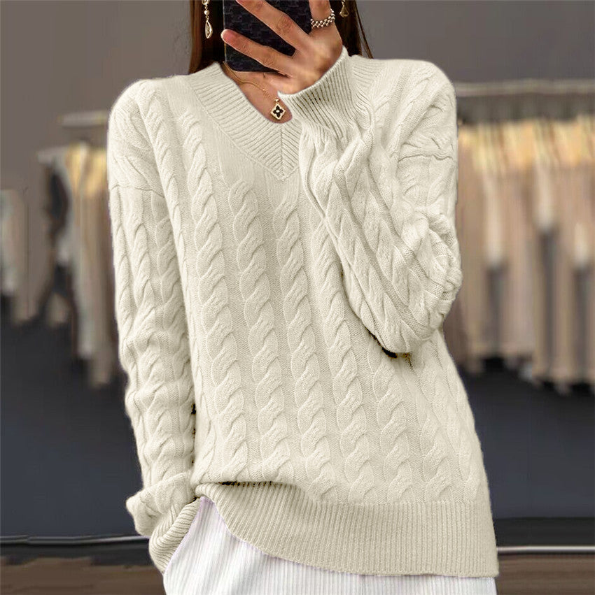 Women's Solid Color Long-sleeved Twisted Pullover Sweaters