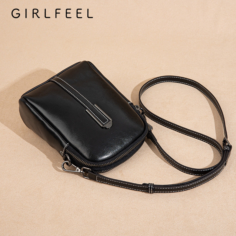 Women's Trendy Vintage Oil Wax Cowhide Double Crossbody Bags