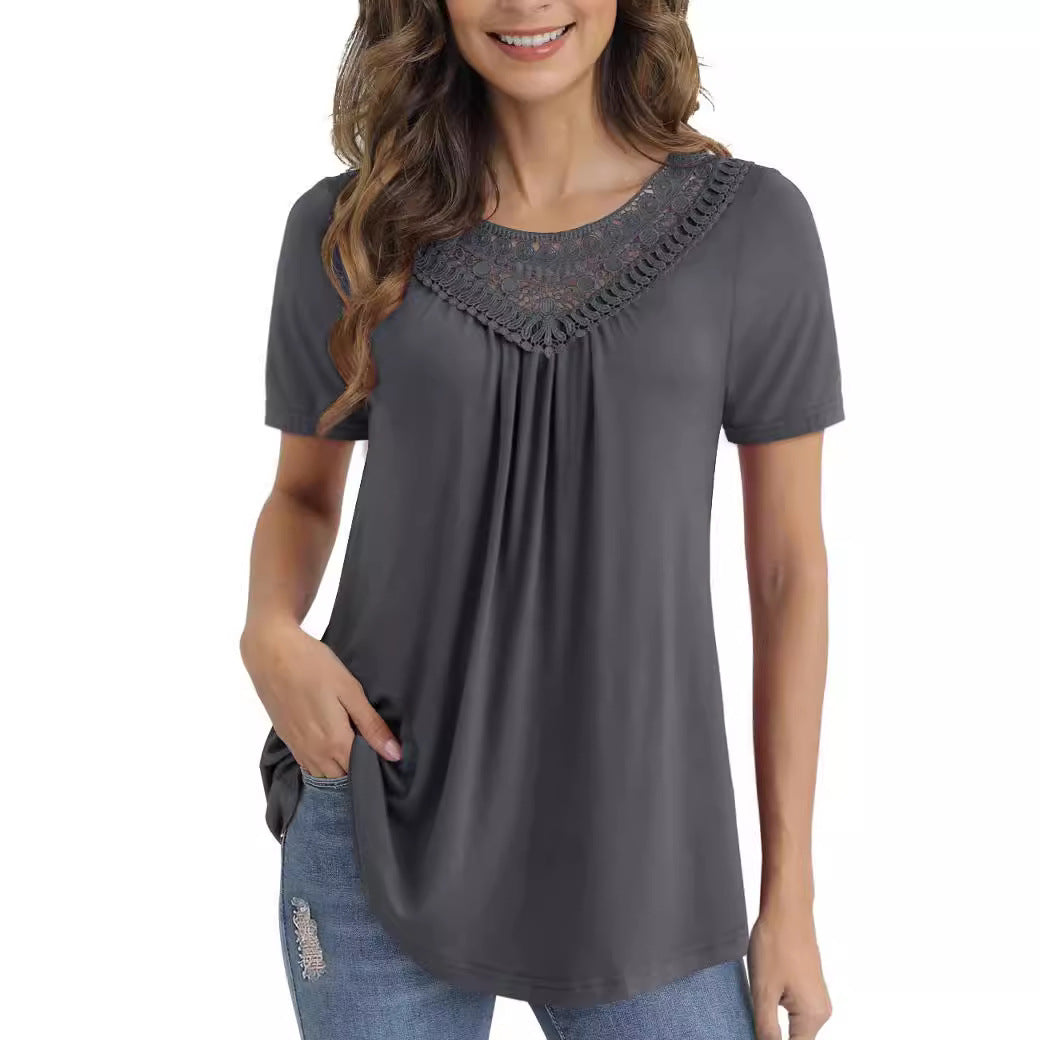 Women's Summer Sleeve Lace Pleated Shirt Waist Blouses