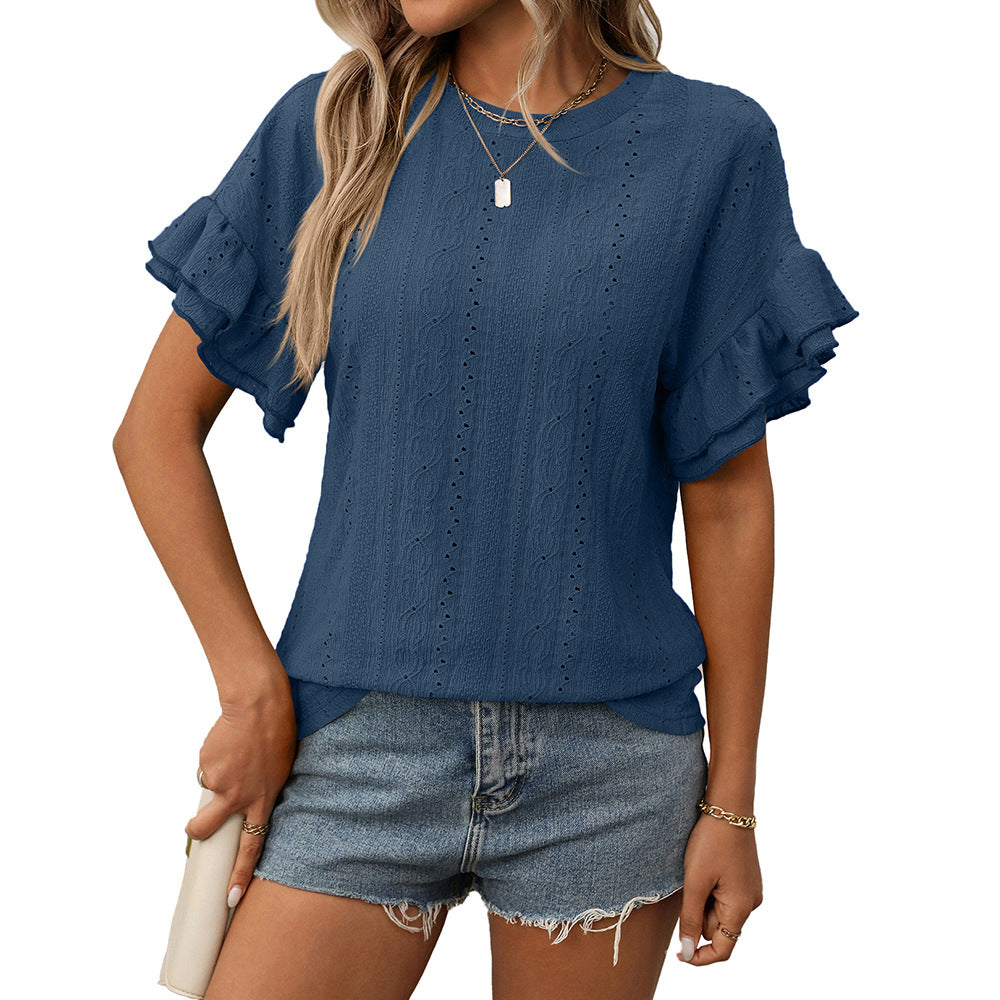 Women's Summer Solid Color Round Neck Ruffle Blouses