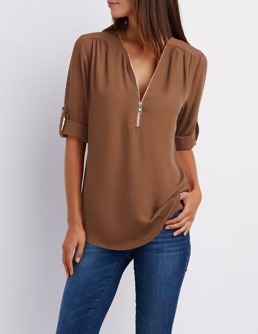 Women's Hosting Label Zipper Rollable Sleeves Chiffon Blouses