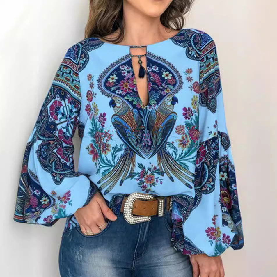 Women's Special Digital Printed Round Neck Lantern Blouses