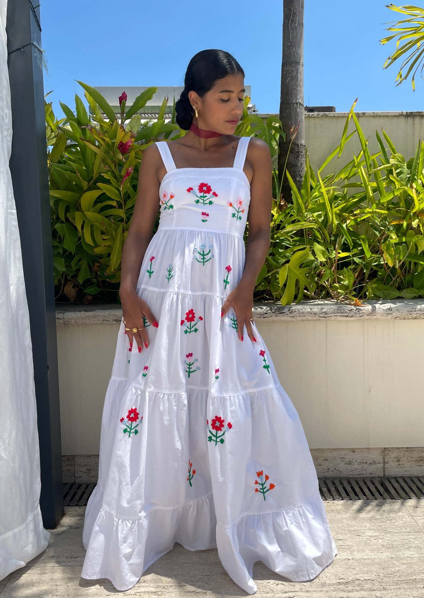 Women's Embroidered Pleated Puffy Sling Dress Beach Dresses