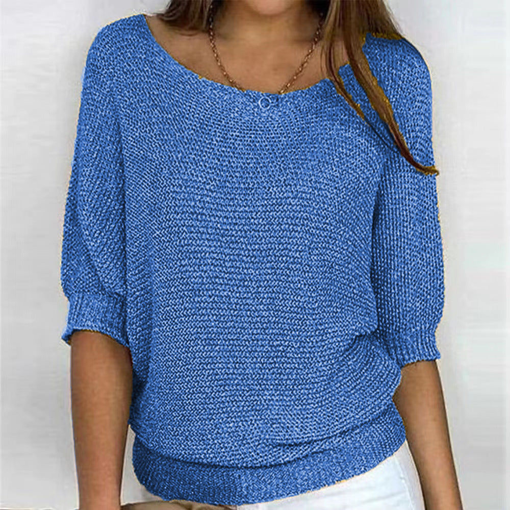 Women's Spring Solid Color Round Neck Commuter Elegant Cropped Sleeves Knitwear