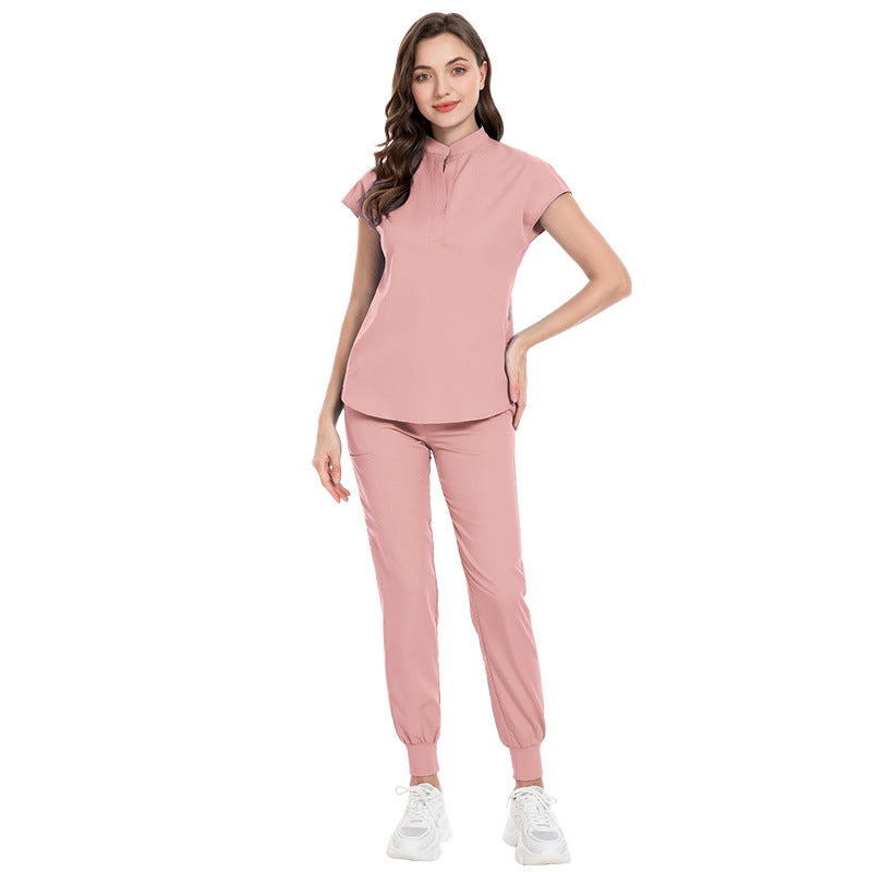 Color Medical Scrubbing Nursing Trousers Elastic Stand Collar Jogging Uniform