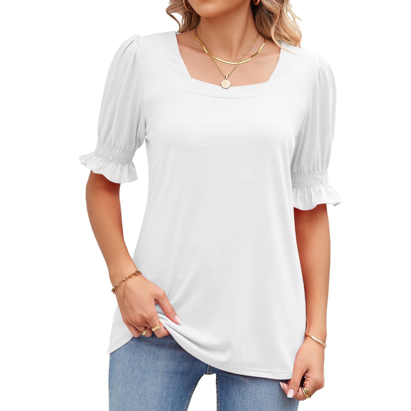 Summer Solid Color Square Collar Princess Blouses