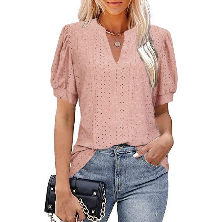 Casual Solid Color Hollow Puff Sleeve Blouses