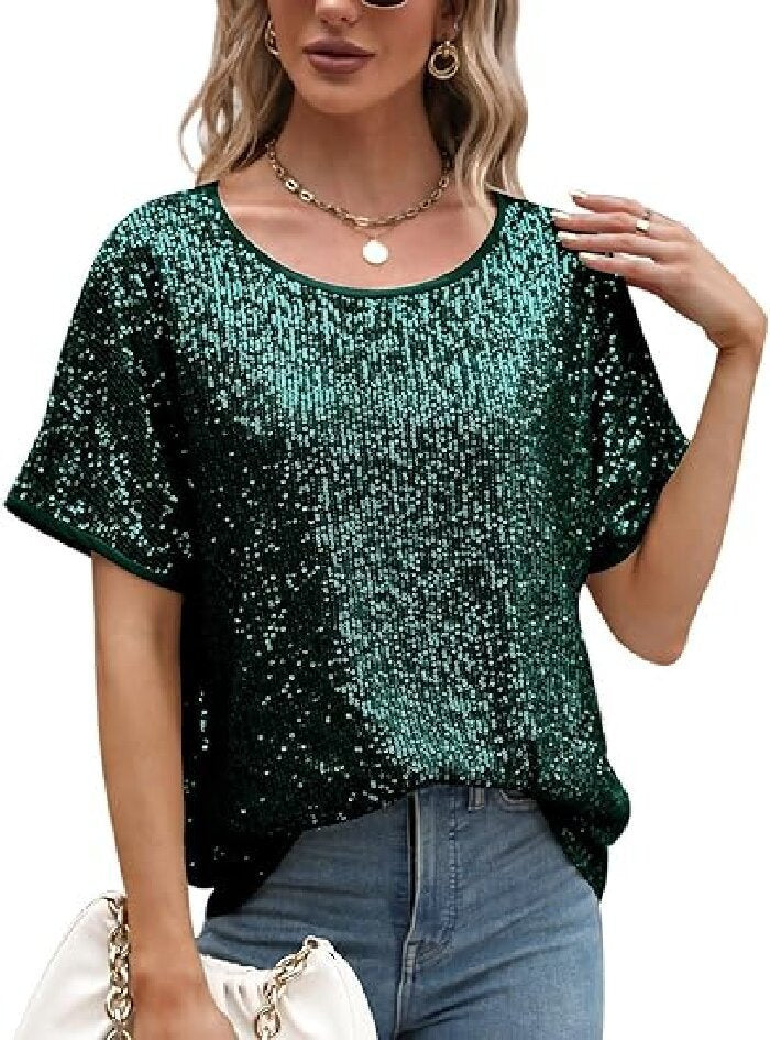 Loose Sequins Oblique Shoulder Sleeve Casual Sequin Tops