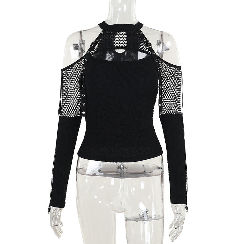 Women's Sexy Hot Fishnet Patchwork Cold-shoulder Long-sleeved Blouses