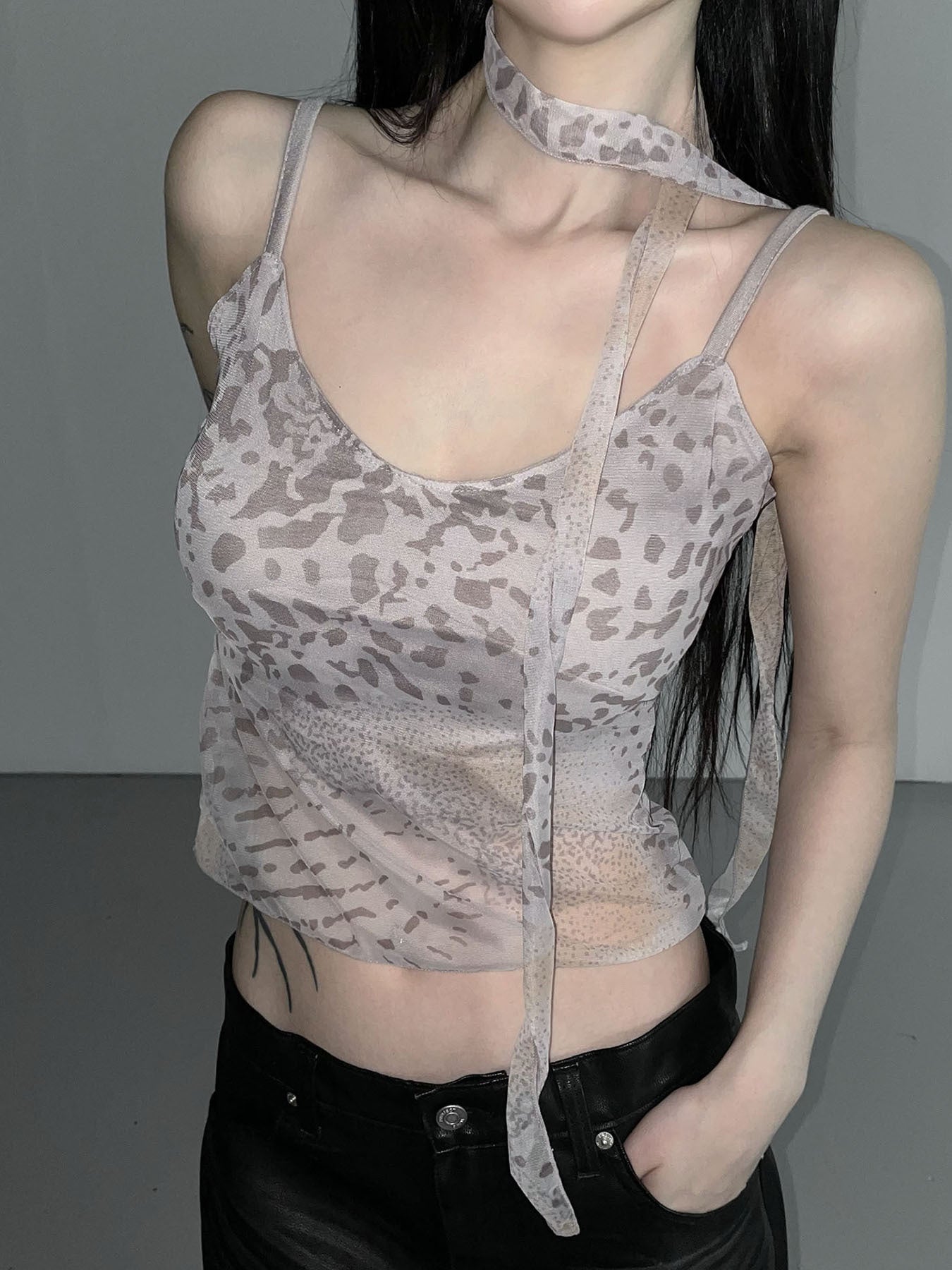 Hot Sexy Leopard Print Scarf Ruffled Spaghetti Tops