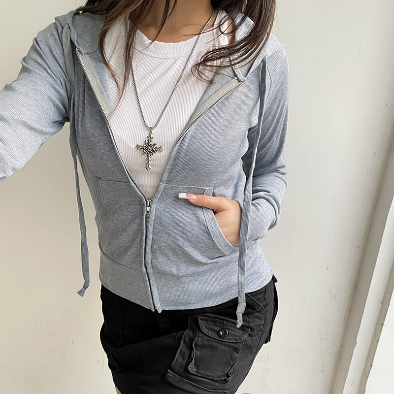 Solid Color Ribbed Band Hat Autumn Zipper Sweaters