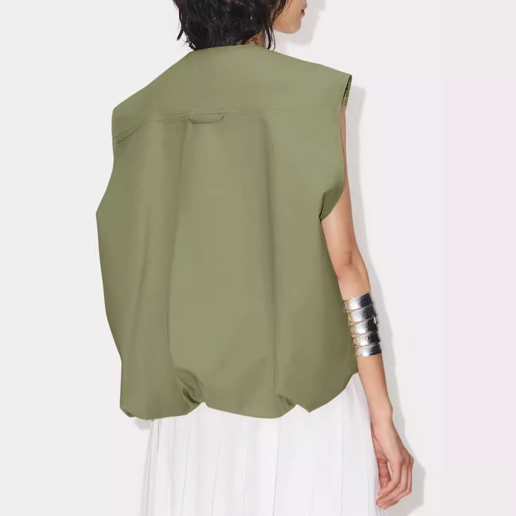 Women's Sleeveless Pocket Loose-fitting Waistcoat Solid Color Cardigans