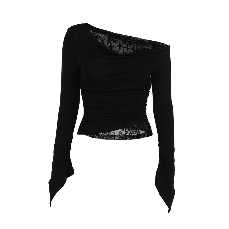 Women's Elegant Sexy Shoulder Flocking Stitching Long-sleeved Blouses