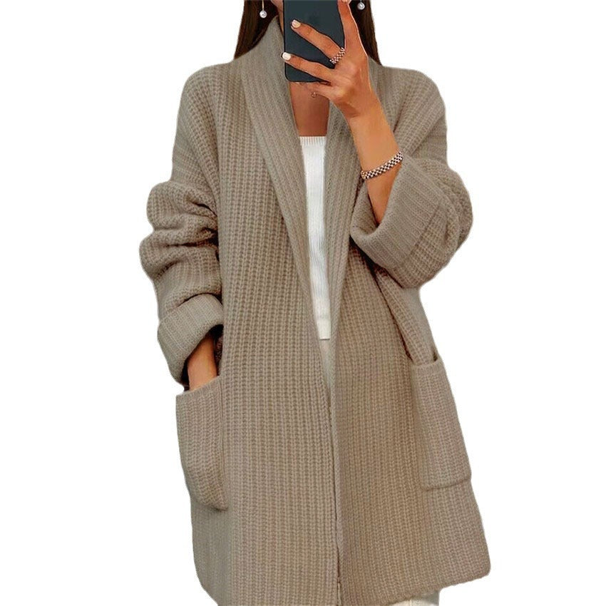 Women's Thickened Solid Color Knitted Loose Pockets Coats