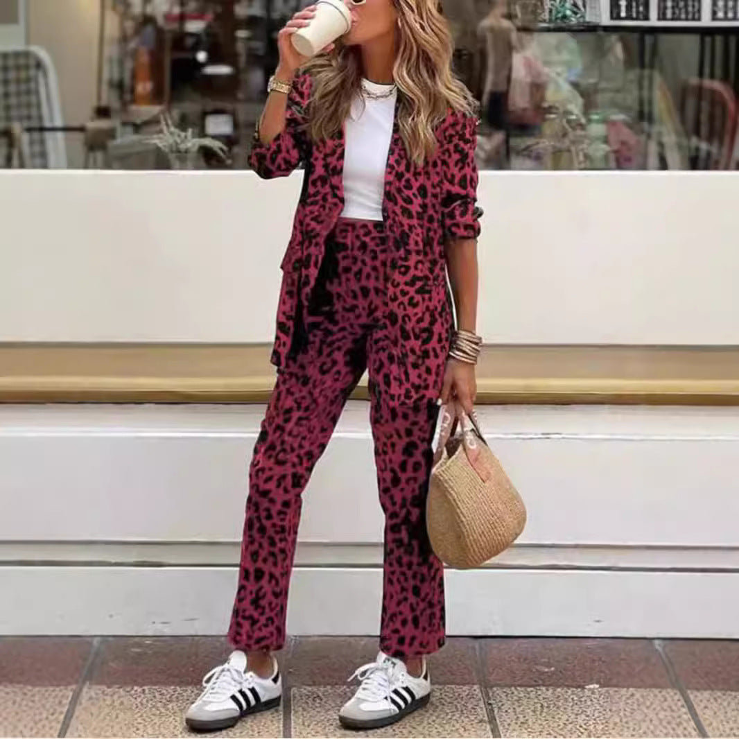 Women's Leopard Print Printed Long-sleeved High Waist Suits
