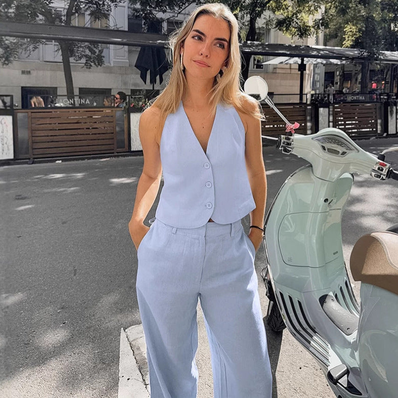 Women's Blue Cotton Linen Sleeveless Waistcoat Trousers Suits