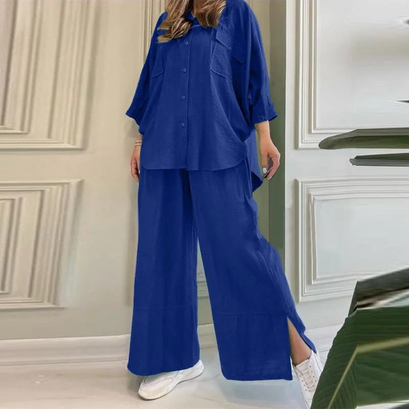 Women's Solid Color Cotton Linen Shirt Long Suits