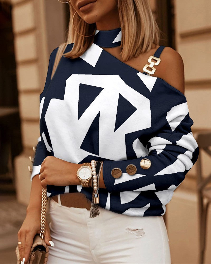Women's Long-sleeved Chain On Neck Printed Fastener Tops