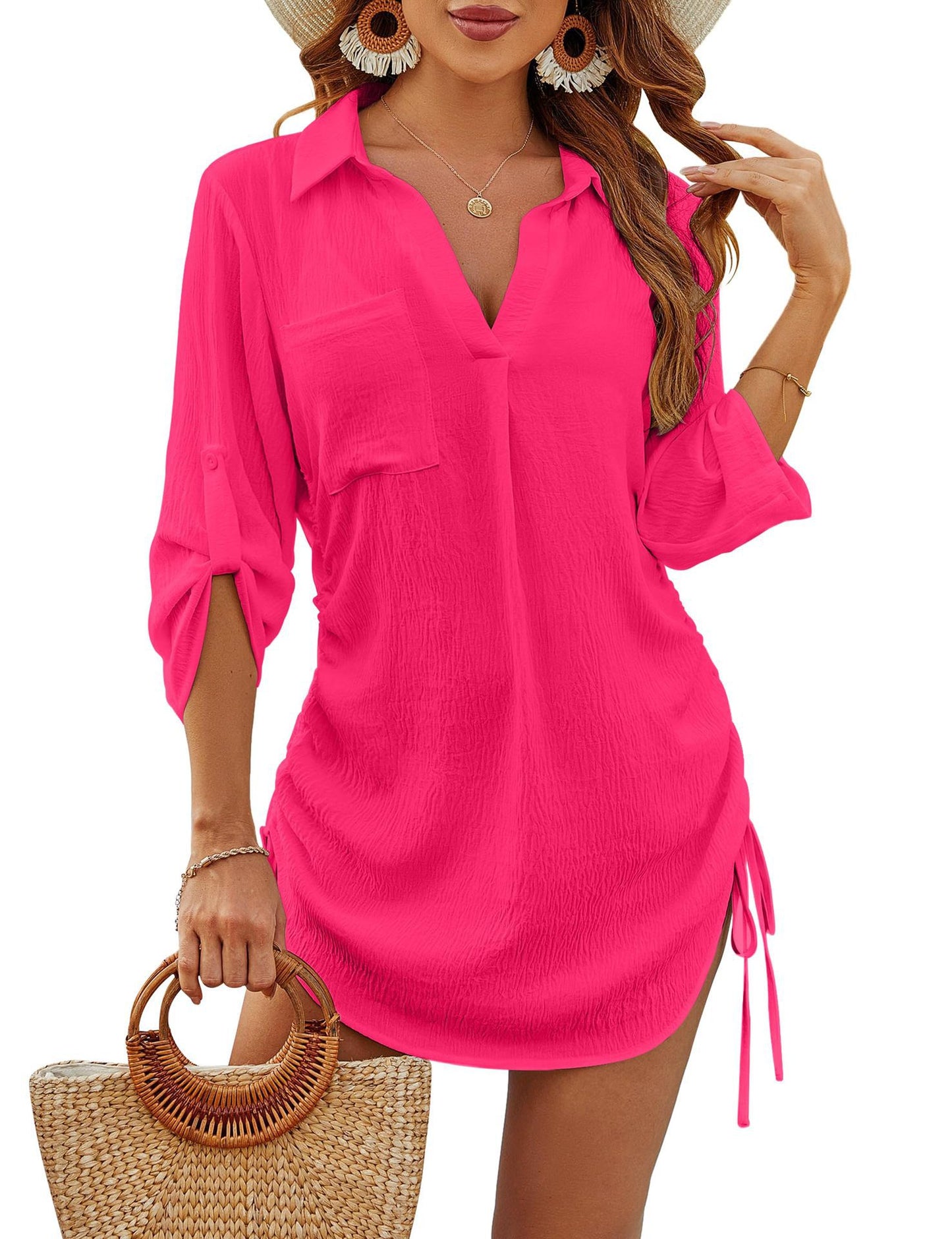 Women's Bikini Cover Up Drawstring Beach Dress Blouses
