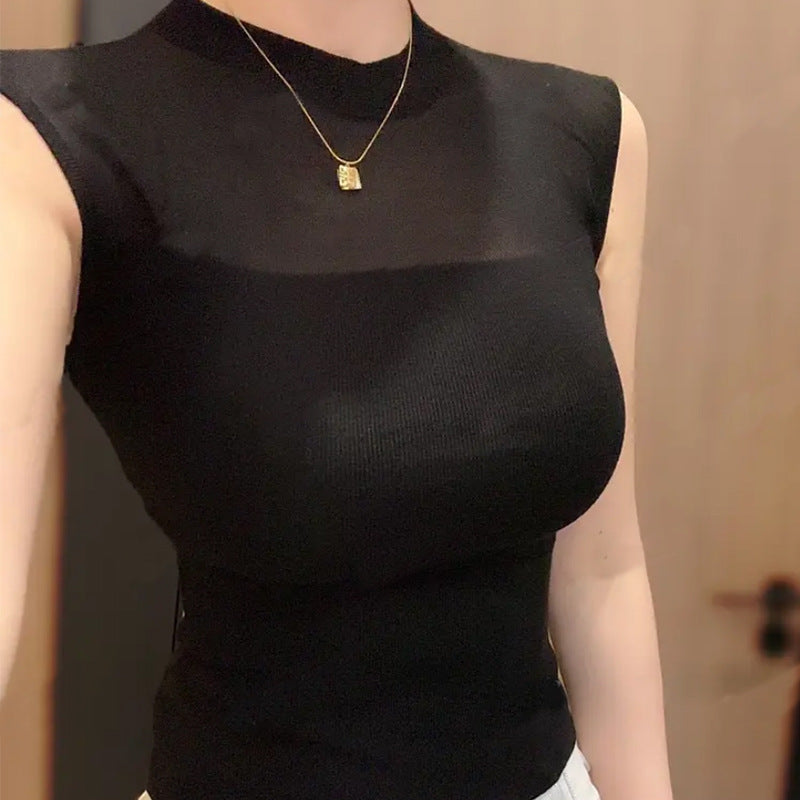 Women's Style Mesh Patchwork Round Neck Sleeveless Summer Knitwear