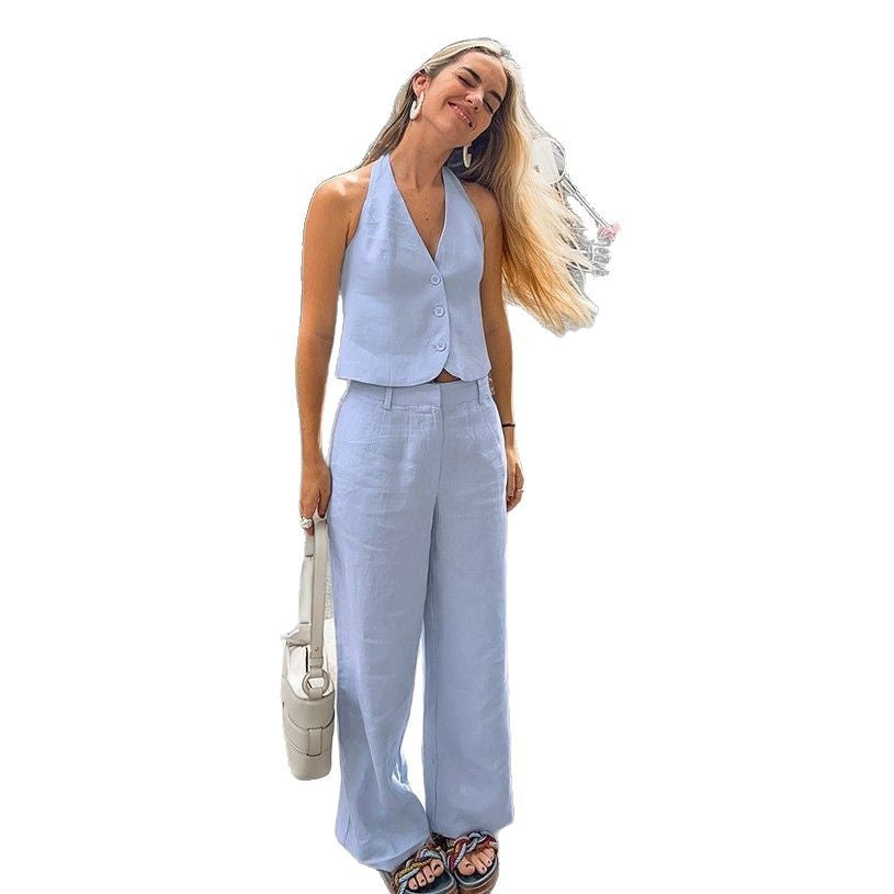 Women's Blue Cotton Linen Sleeveless Waistcoat Trousers Suits