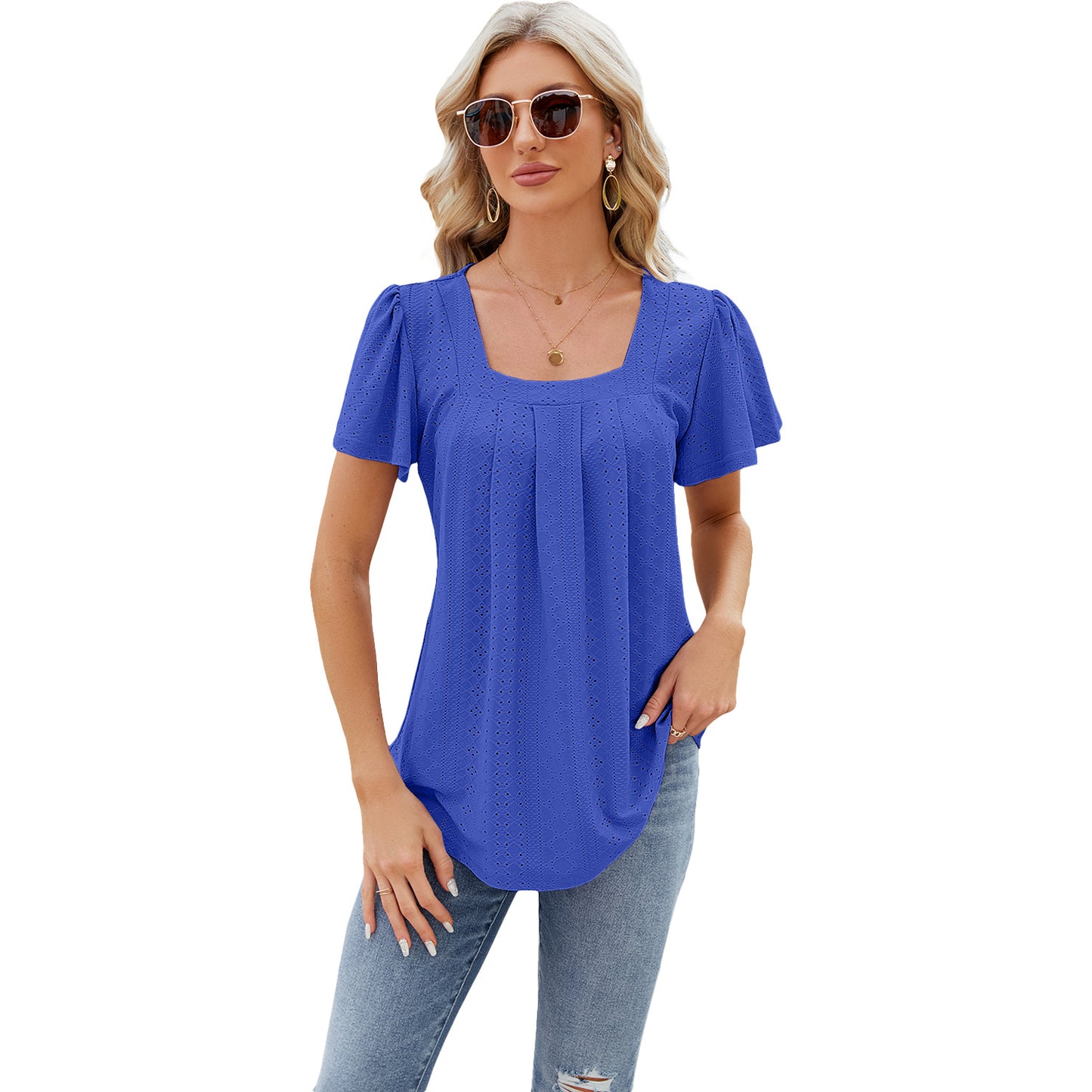 Women's Pleated Square Collar Jacquard Short-sleeved Dovetail Blouses