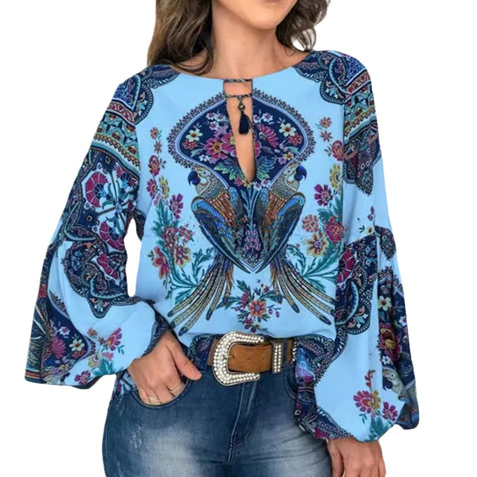 Women's Special Digital Printed Round Neck Lantern Blouses