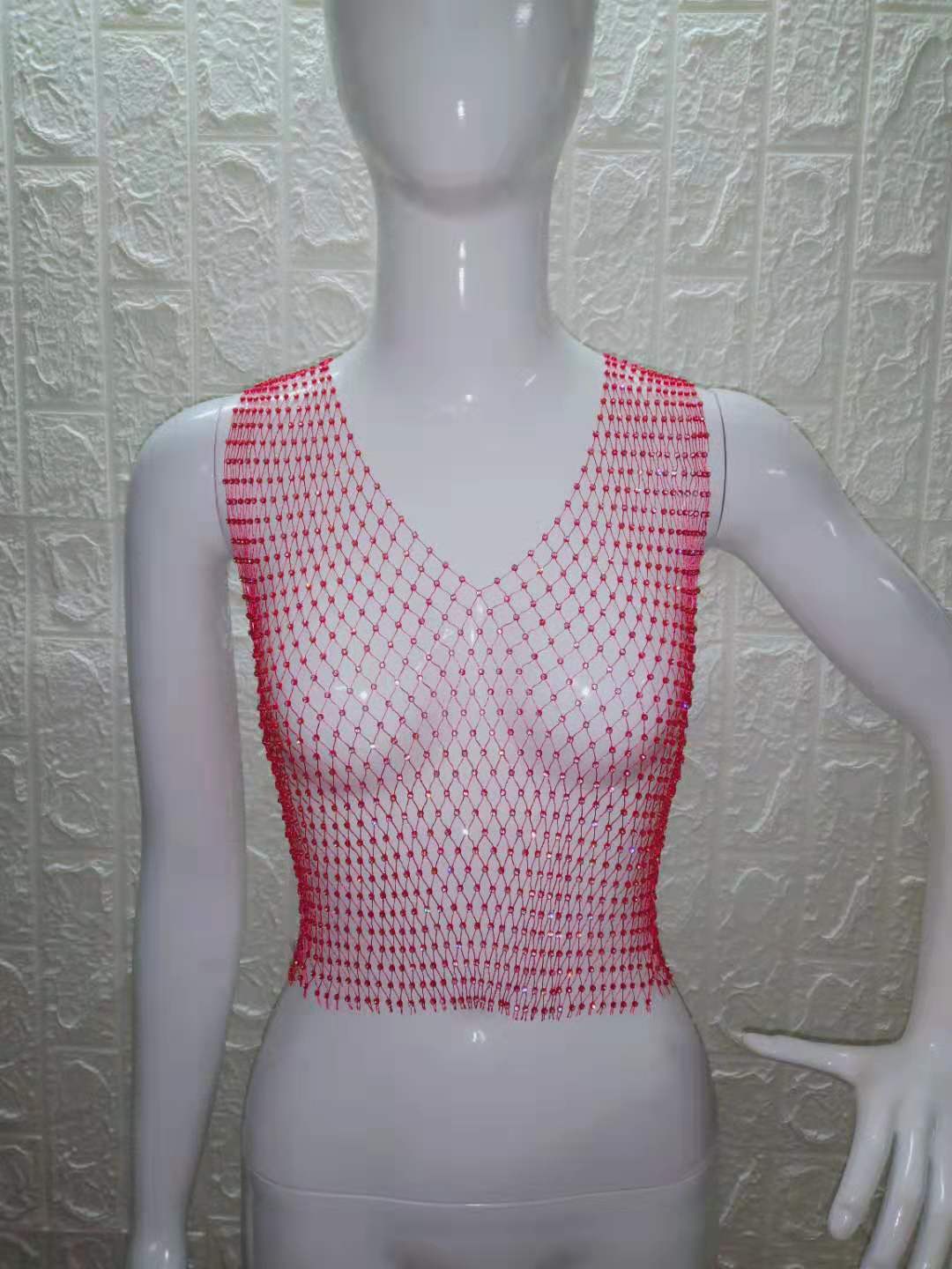 Women's Rhinestone Fishnet Summer Electronic Music Festival Net Tops