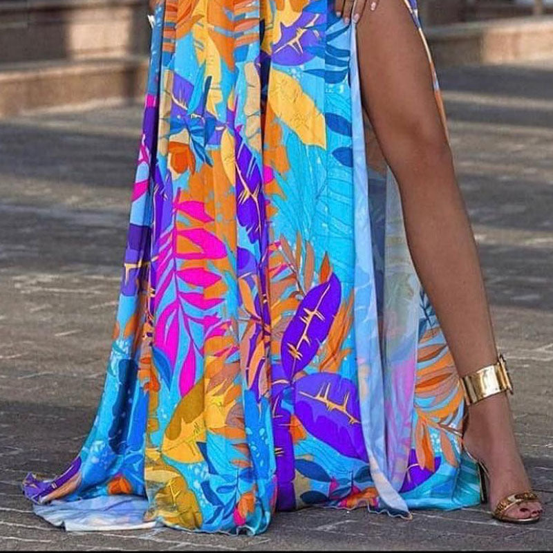 Women's Spring Leaves Four-sided Stretch Dress Bohemian Strap Dresses