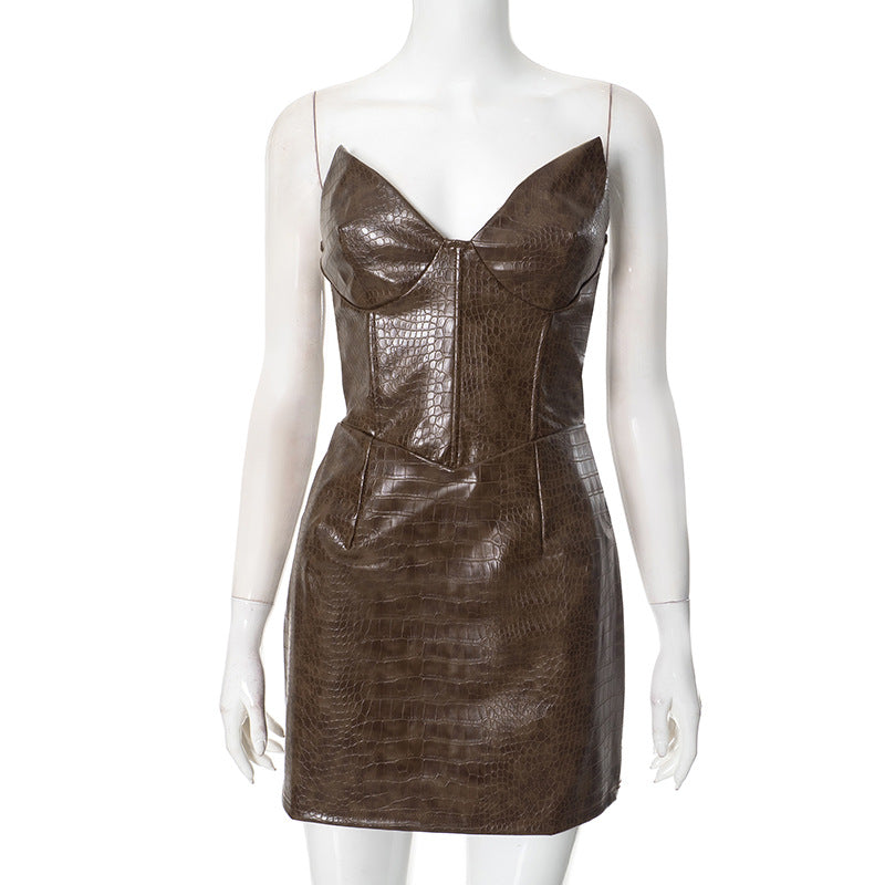 Women's Fashion Crocodile Pattern Leather Hot Tube Dresses
