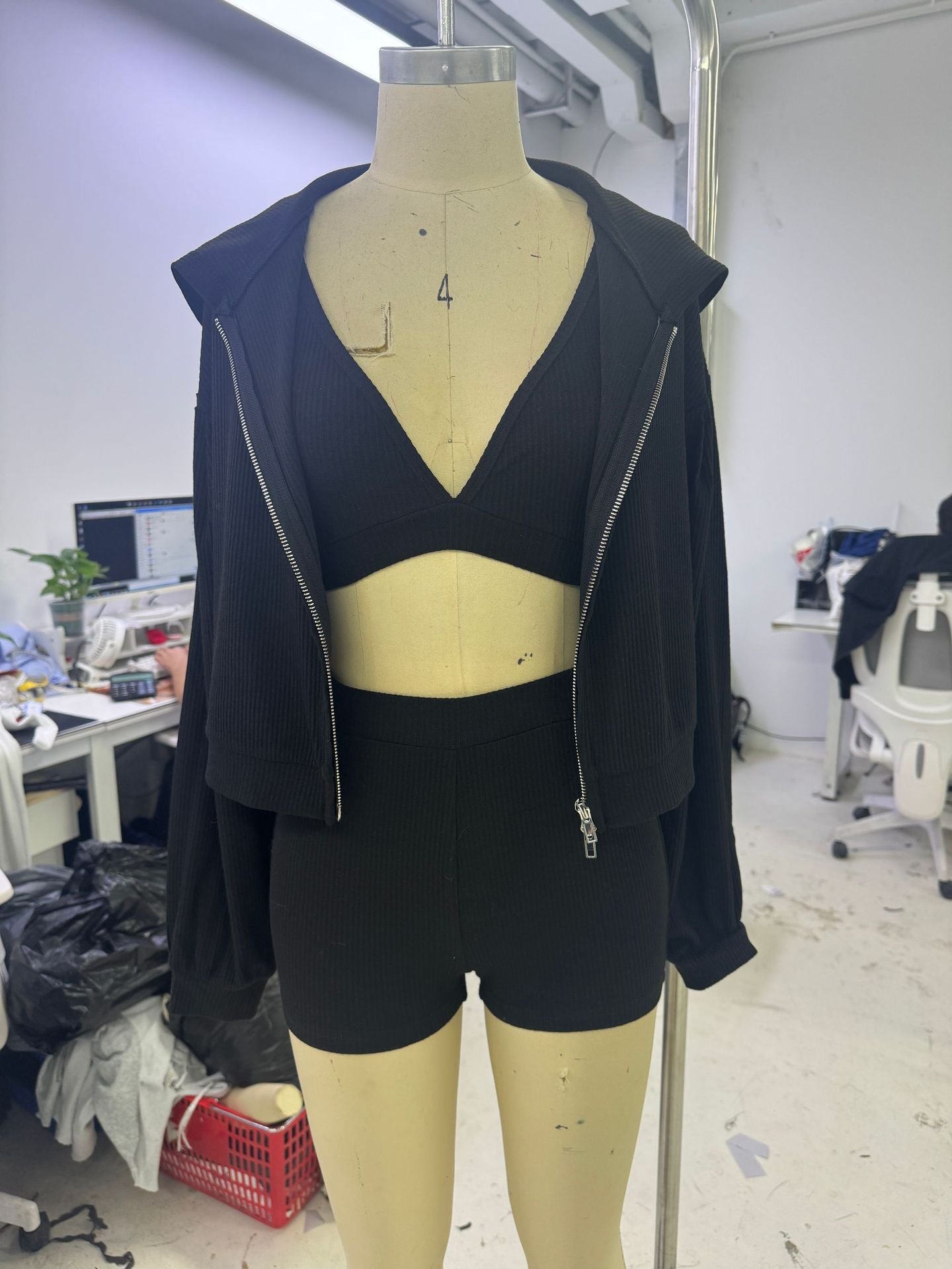 Solid Color Knitted Zipper Hooded Triangle Suits
