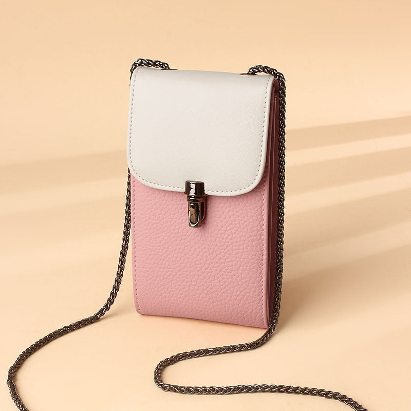 Women's Simple Contrast Color Design Chain Genuine Phone Bags