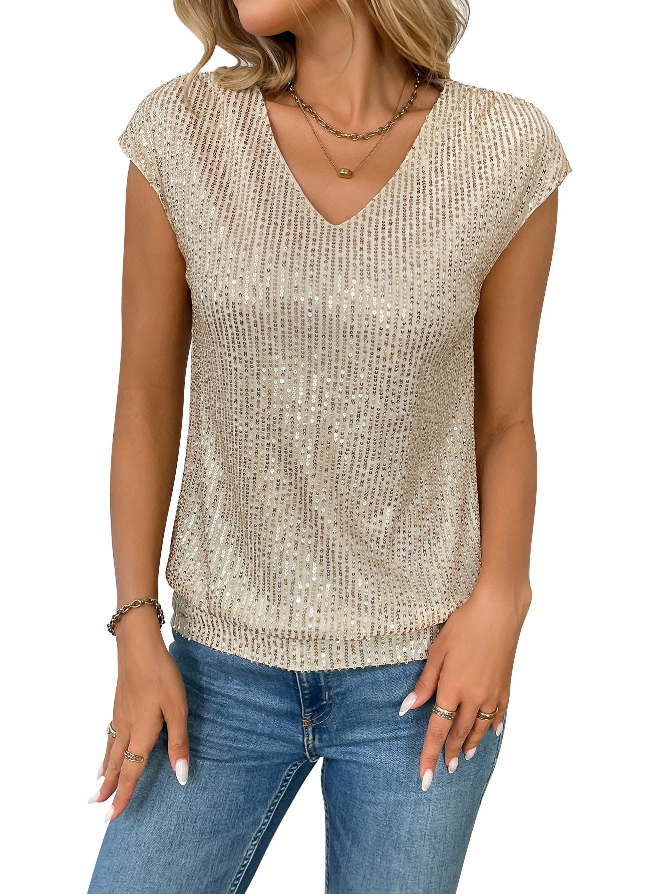 Women's Pretty Casual Summer Sequins Short-sleeved Blouses