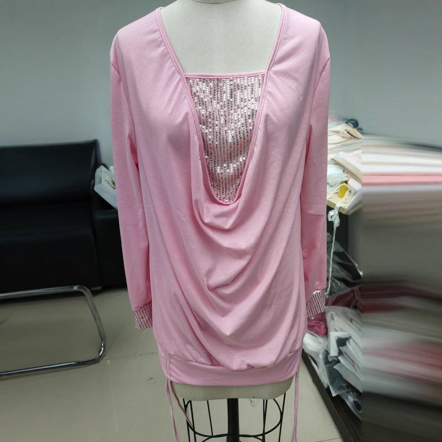Pure Color Sequins Stitching Long-sleeved Elegant Blouses