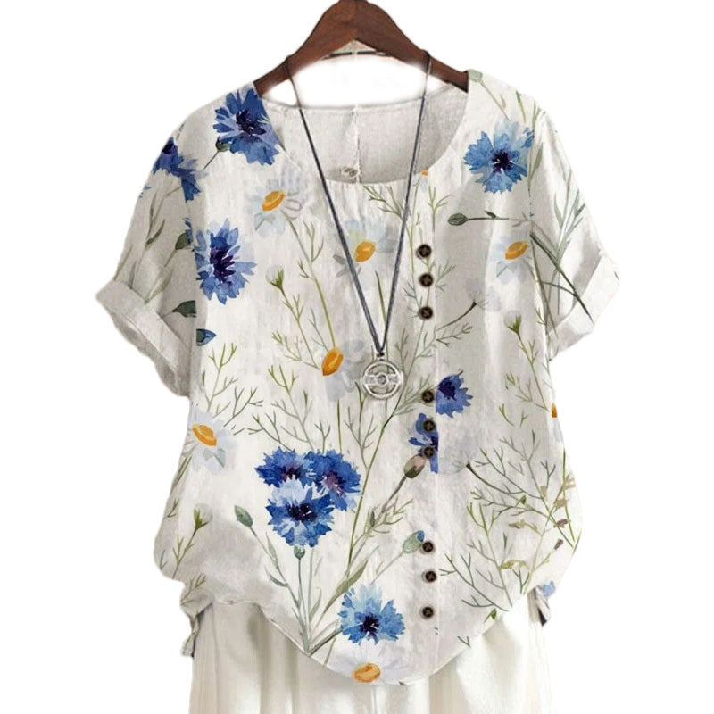 Women's Summer Retro Cotton Linen Fashion Printed Loose Blouses