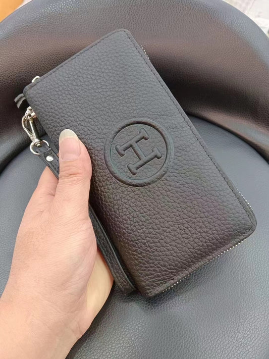 Women's Long Cowhide Zipper Lychee Pattern Clutch Ladies Wallets