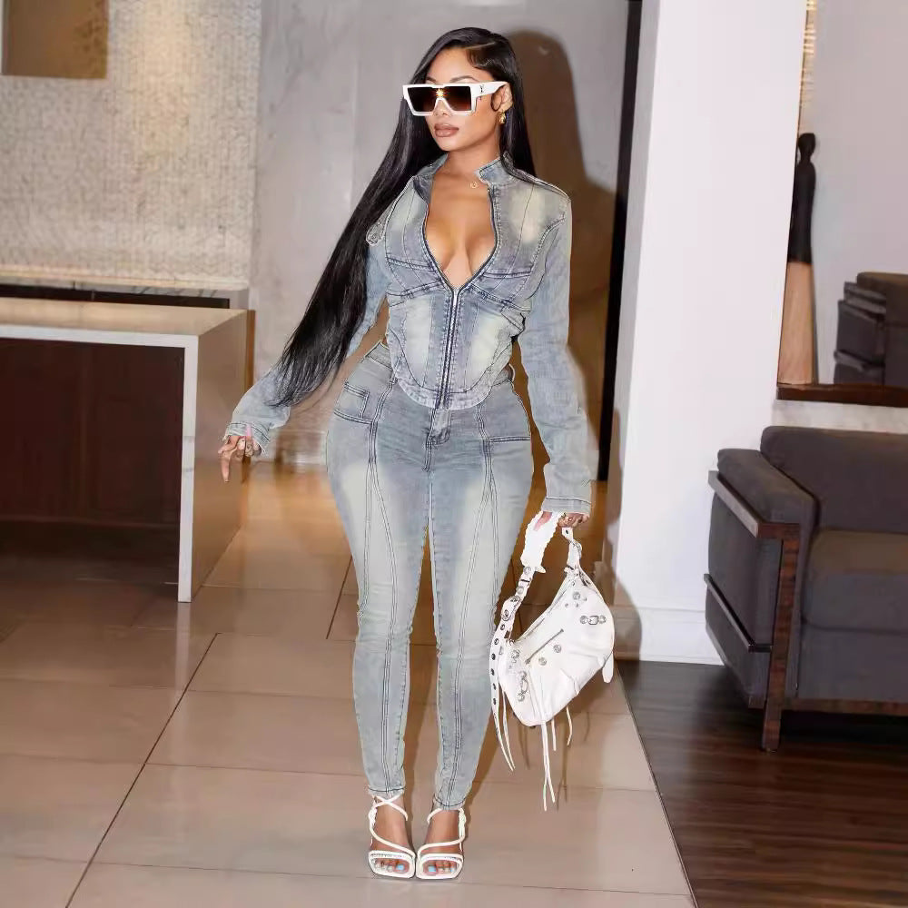 Glamorous Autumn Denim Fashion Stretch Trousers Suits