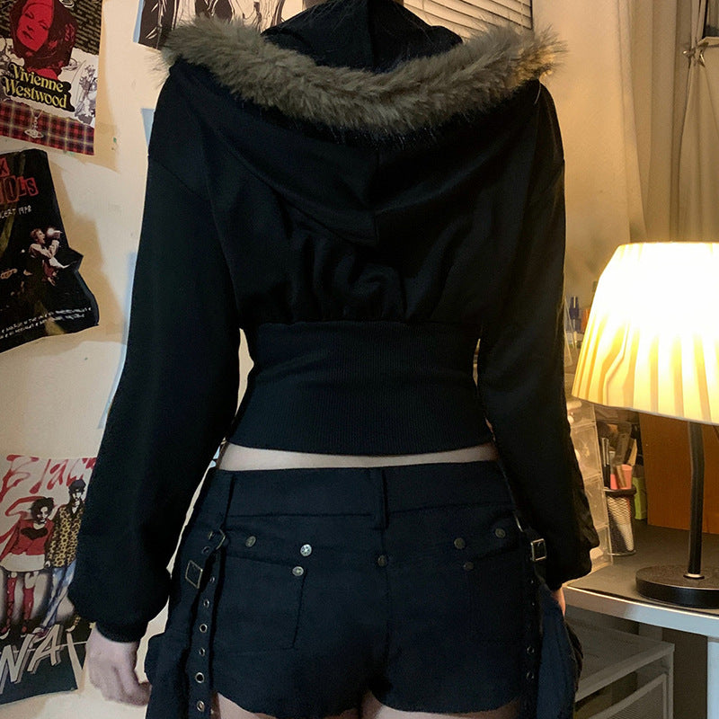 Winter Fur Collar Hooded Drawstring Zipper Sports Style Sweaters