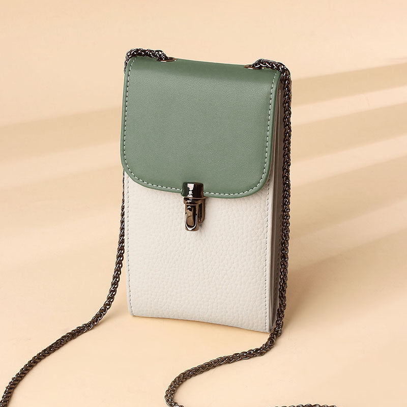 Women's Simple Contrast Color Design Chain Genuine Phone Bags
