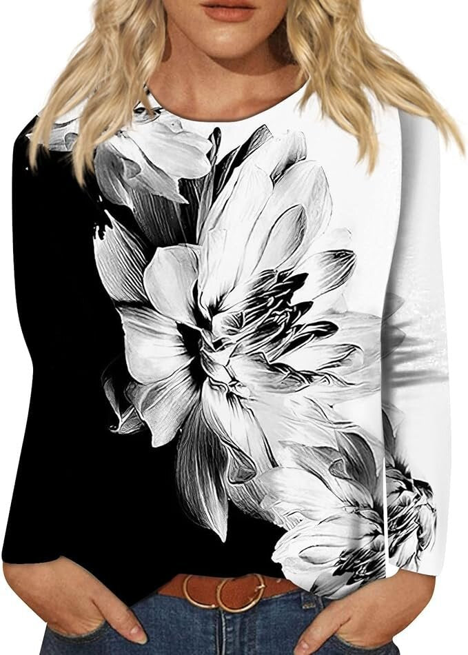 Women's Round Neck Long Sleeve Loose Print Blouses