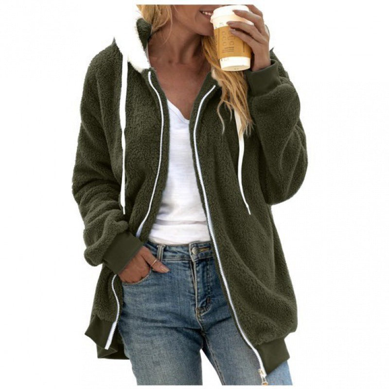 Women's Loose Plush Zipper Hooded For Sweaters